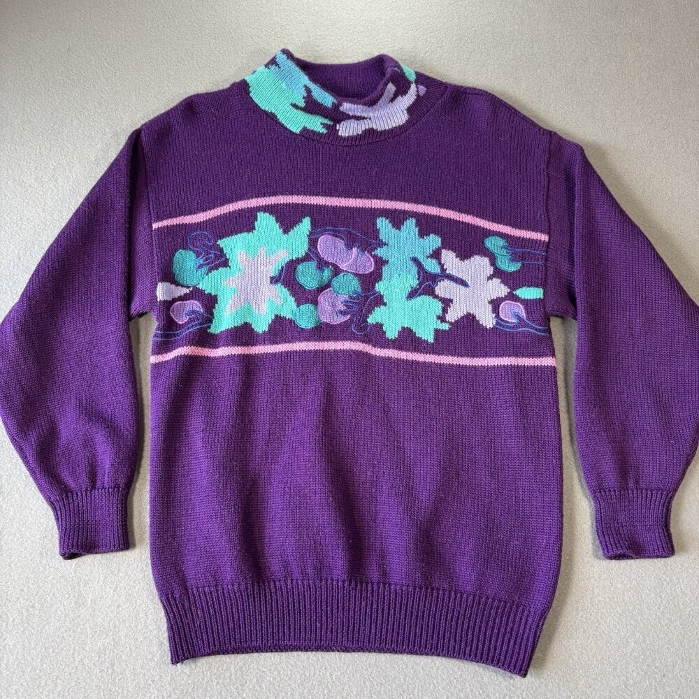 VTG 80s Grape Leaf Knit Sweater Womens‎ M Purple Turquoise Retro Floral Pastel